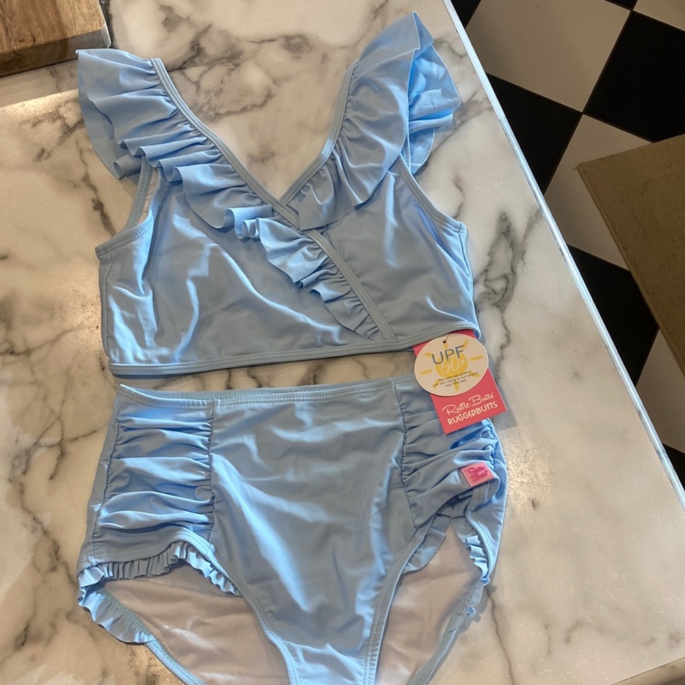 NWT Ruffle Butts Sky Blue Flounce High Waisted Bikini; size 16